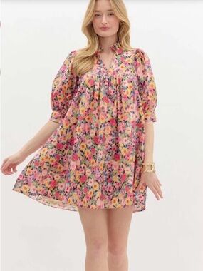 entro Floral Ruffled V-Neck Dress in Pink, Yellow & Green